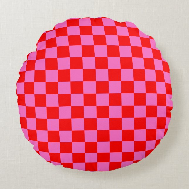 Neon Roze en Rood Geruite Checkerboard  Rond Kussen (Voorkant)