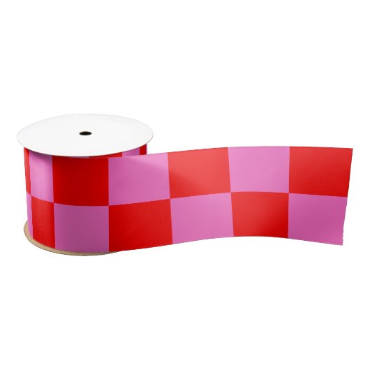 Neon Roze en Rood Geruite Checkerboard Satijnen Lint (Spoel)