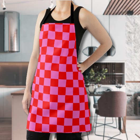 Neon Roze en Rood Geruite Checkerboard Schort