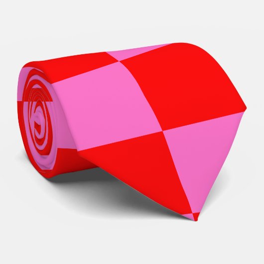 Neon Roze en Rood Geruite Checkerboard Stropdas (Opgerold)