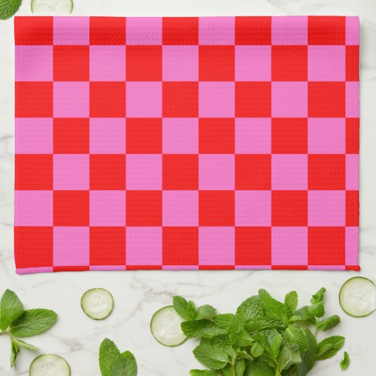 Neon Roze en Rood Geruite Checkerboard  Theedoek (Gevouwen)