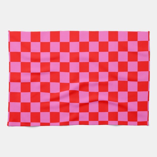 Neon Roze en Rood Geruite Checkerboard  Theedoek (Horizontaal)