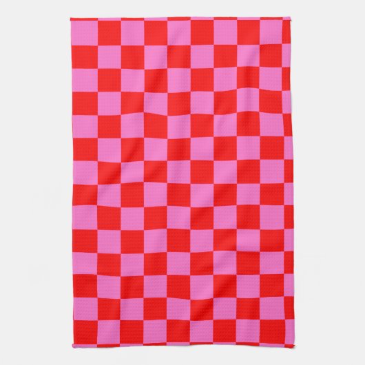 Neon Roze en Rood Geruite Checkerboard Theedoek (Verticaal)
