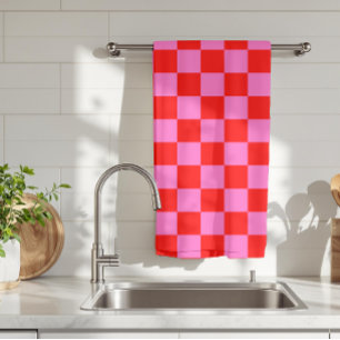 Neon Roze en Rood Geruite Checkerboard Theedoek