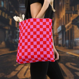 Neon Roze en Rood Geruite Checkerboard  Tote Bag