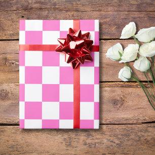Neon Roze en Wit Geruit Dambord Vintage Cadeaupapier