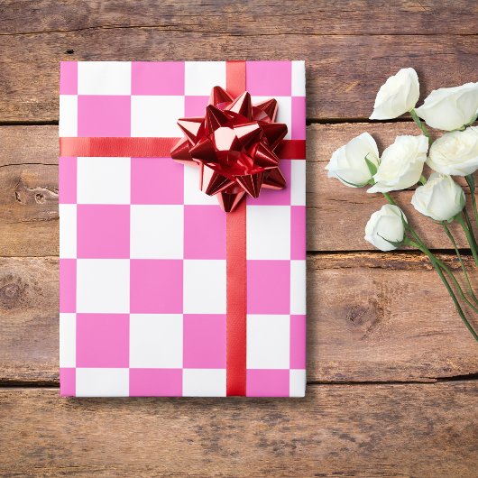 Neon Roze en Wit Geruite Checkerboard Cadeaupapier