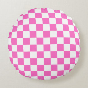 Neon Roze en Wit Geruite Checkerboard Rond Kussen