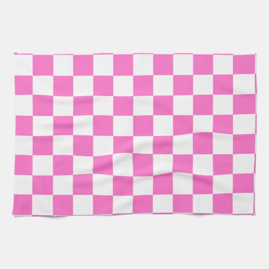 Neon Roze en Wit Geruite Checkerboard Theedoek (Horizontaal)