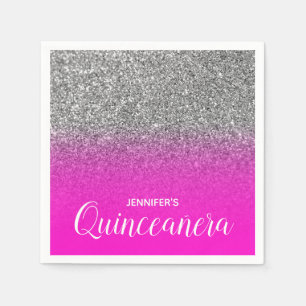 Neon roze en zilveren glitter ombre quinceanera servet