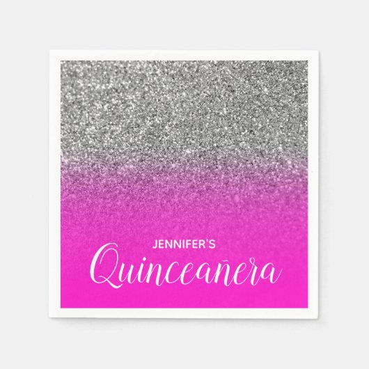 Neon roze en zilveren glitter ombre quinceanera servet (Voorkant)