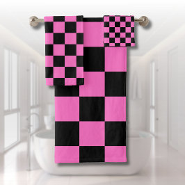 Neon Roze en Zwart Geruite Checkerboard  Bad Handdoek