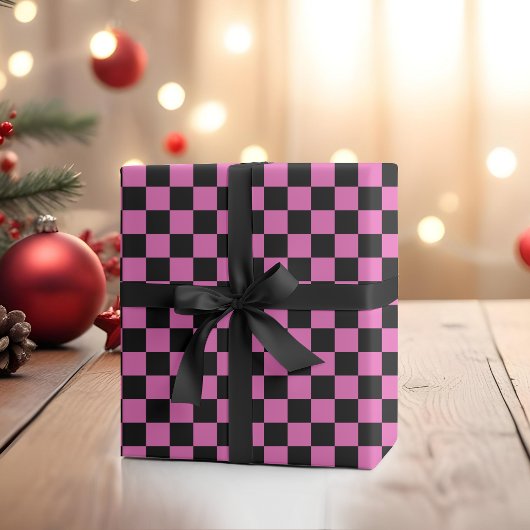 Neon Roze en Zwart Geruite Checkerboard  Cadeaupapier