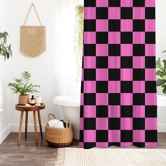 Neon Roze en Zwart Geruite Checkerboard Douchegordijn