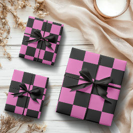 Neon Roze en Zwart Geruite Checkerboard  Inpakpapier Vel
