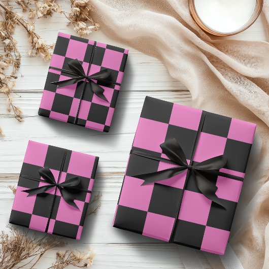 Neon Roze en Zwart Geruite Checkerboard  Inpakpapier Vel