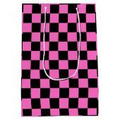 Neon Roze en Zwart Geruite Checkerboard  Medium Cadeauzakje (Achterkant)