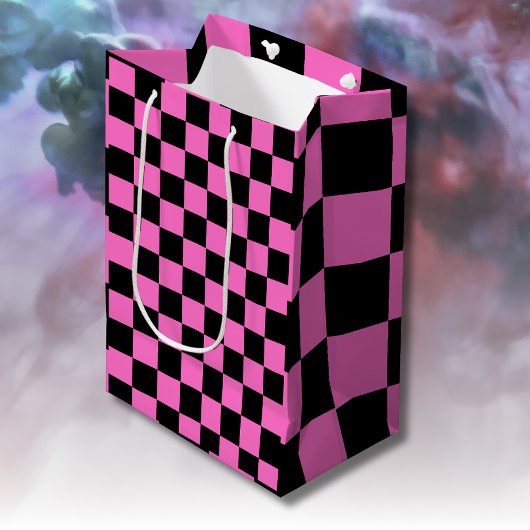 Neon Roze en Zwart Geruite Checkerboard  Medium Cadeauzakje
