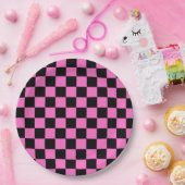 Neon Roze en Zwart Geruite Checkerboard  Papieren Bordje (Feest)