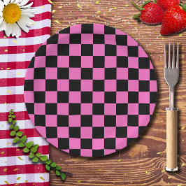 Neon Roze en Zwart Geruite Checkerboard  Papieren Bordje