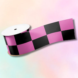 Neon Roze en Zwart Geruite Checkerboard  Satijnen Lint