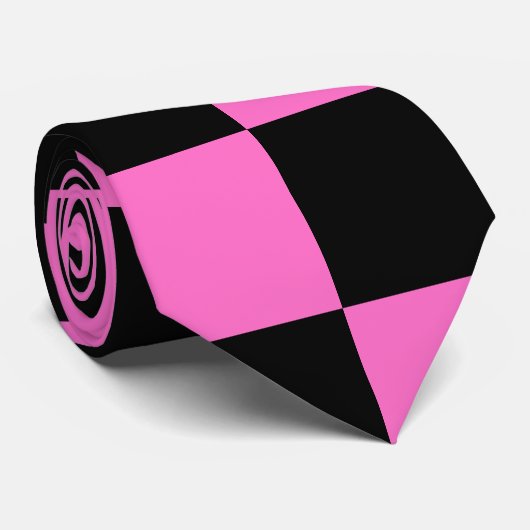 Neon Roze en Zwart Geruite Checkerboard  Stropdas (Opgerold)