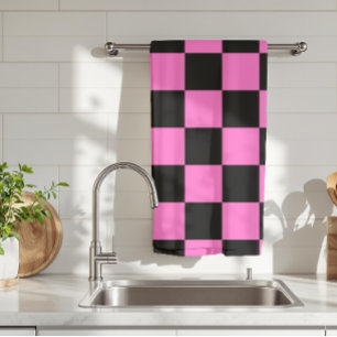 Neon Roze en Zwart Geruite Checkerboard Theedoek