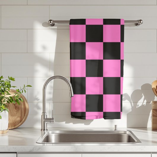Neon Roze en Zwart Geruite Checkerboard  Theedoek