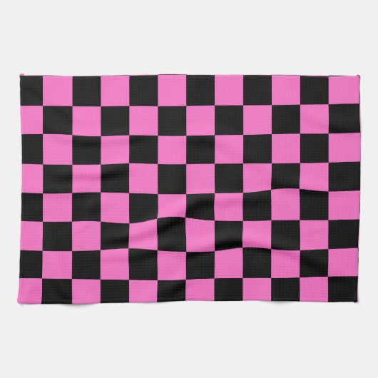 Neon Roze en Zwart Geruite Checkerboard  Theedoek (Horizontaal)