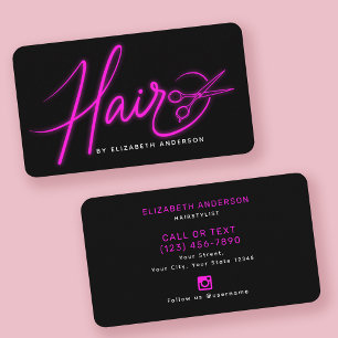 Neon Roze en Zwart Retro Script Haarstylist Visitekaartje