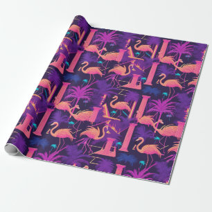 Neon Roze Flamingo Palmbomen Vaporwave Esthetisch Cadeaupapier