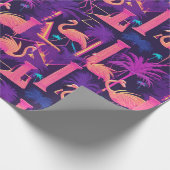 Neon Roze Flamingo Palmbomen Vaporwave Esthetisch Cadeaupapier (Hoek)