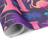 Neon Roze Flamingo Palmbomen Vaporwave Esthetisch Cadeaupapier (Rol Hoek)