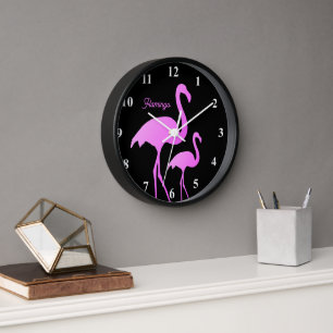 Neon roze flamingo wandklok met aangepaste naam