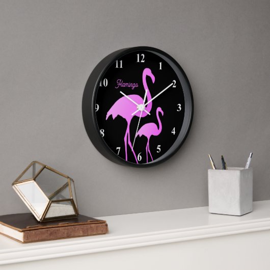 Neon roze flamingo wandklok met aangepaste naam (Kantoor)