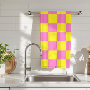 Neon Roze Geel Geruit Dambord Vintage Theedoek