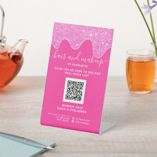 Neon roze glitter druppels make-up digitale QR pri Reclamebord Met Voetstuk