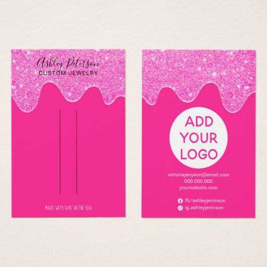 Neon roze glitter druppelt sierhaarclipweergave op visitekaartje (Voorkant /achterkant)