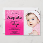 Neon roze glitter ombre script foto Annaprashan Kaart (Voorkant)