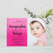 Neon roze glitter ombre script foto Annaprashan Kaart (Staand voorkant)