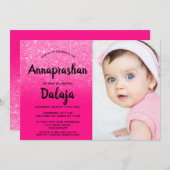 Neon roze glitter ombre script foto Annaprashan Kaart (Voorkant / Achterkant)