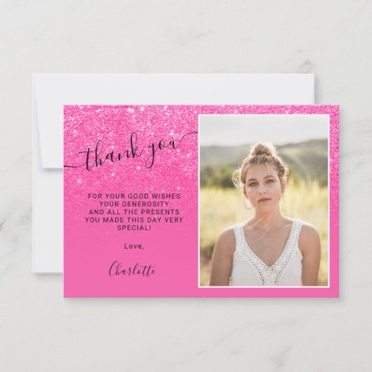 Neon roze glitter ombre trendy foto's Sweet 16 Bedankkaart (Voorkant)