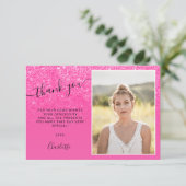 Neon roze glitter ombre trendy foto's Sweet 16 Bedankkaart (Staand voorkant)