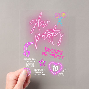 Neon Roze Gloeiend Feest Verjaardag Acryl Uitnodigingen