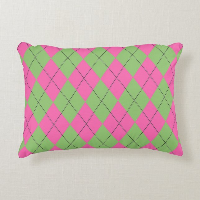 Neon Roze Groen Argyle Patroon Accent Kussen (Voorkant)
