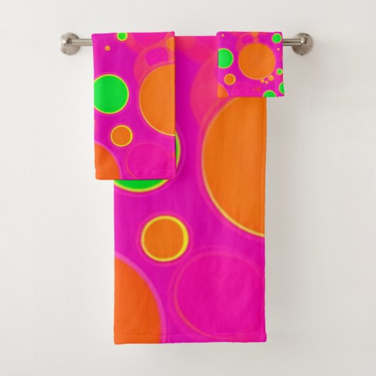 Neon Roze & Groen Retro Cirkel Ontwerp Bad Handdoek (Insitu)
