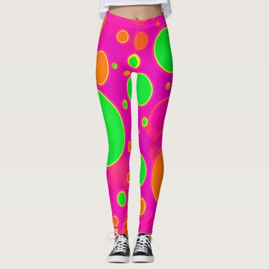 Neon Roze & Groen Retro Cirkel Ontwerp Leggings (Voorkant)