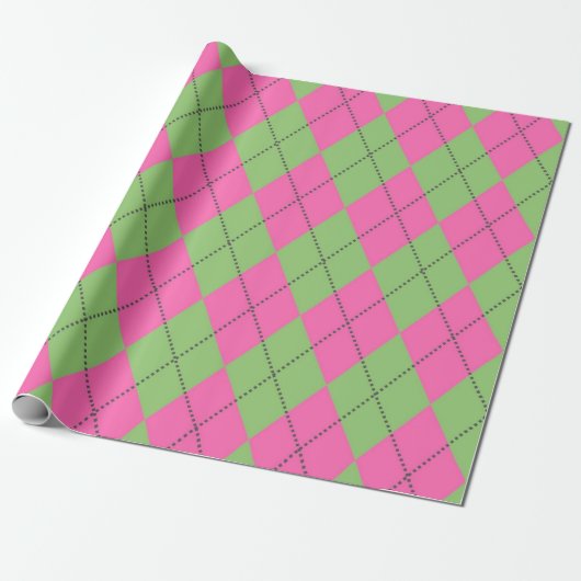 Neon Roze Groene Argyle Diamant Patroon Cadeaupapier (Uitgerold)