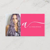 Neon roze haar make-up foto initiaal qr code visitekaartje (Voorkant)