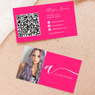 Neon roze haar make-up foto initiaal qr code visitekaartje